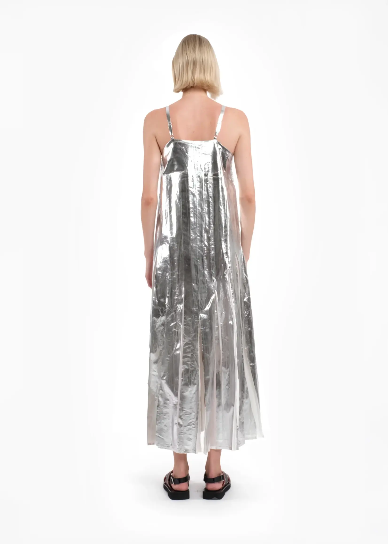Tela Yuki Sleeveless Maxi Dress in Silver Laminated Muslin