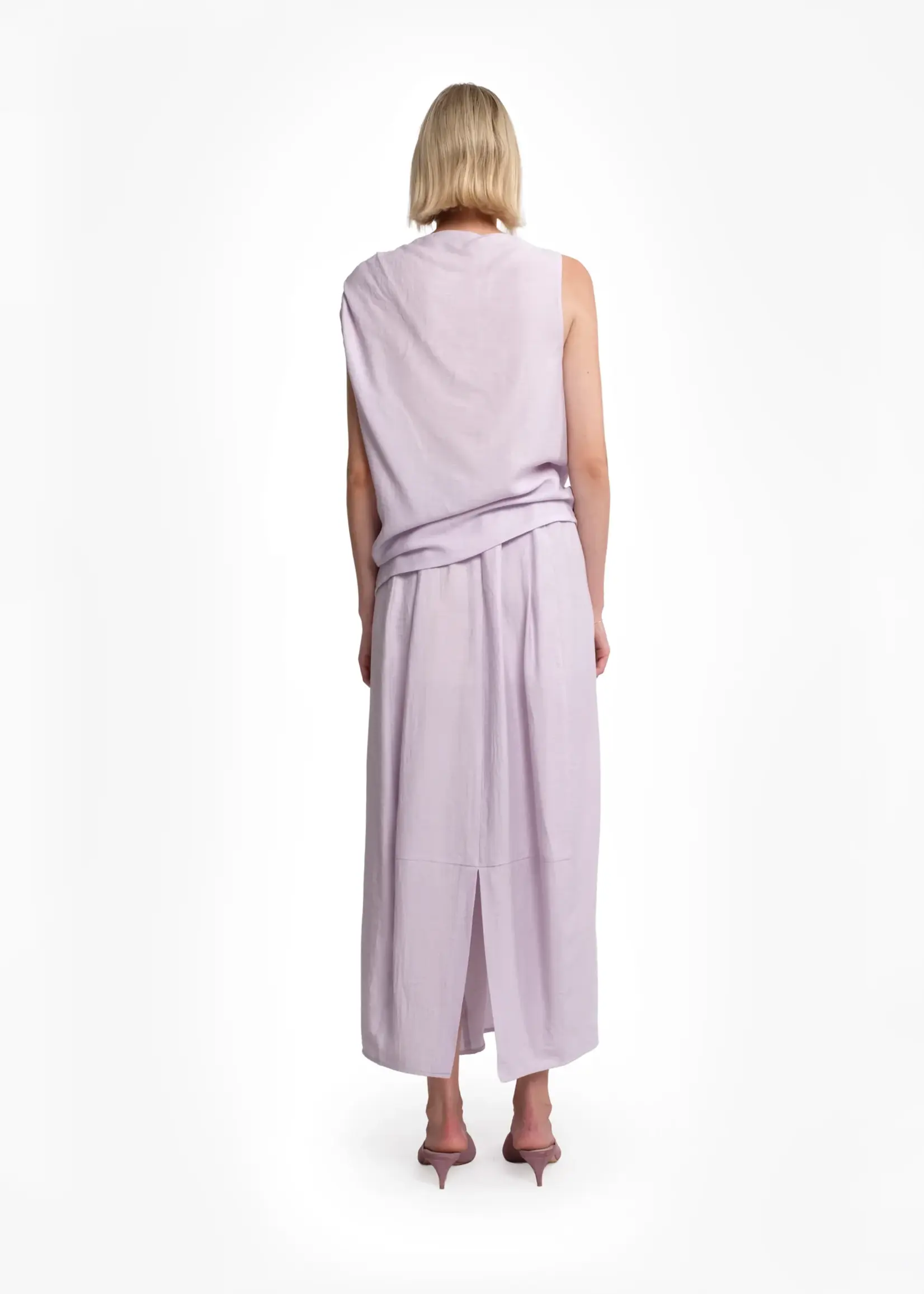 Tela Candito Lilac Linen-Viscose Maxi Skirt With Pleats And Back Slit