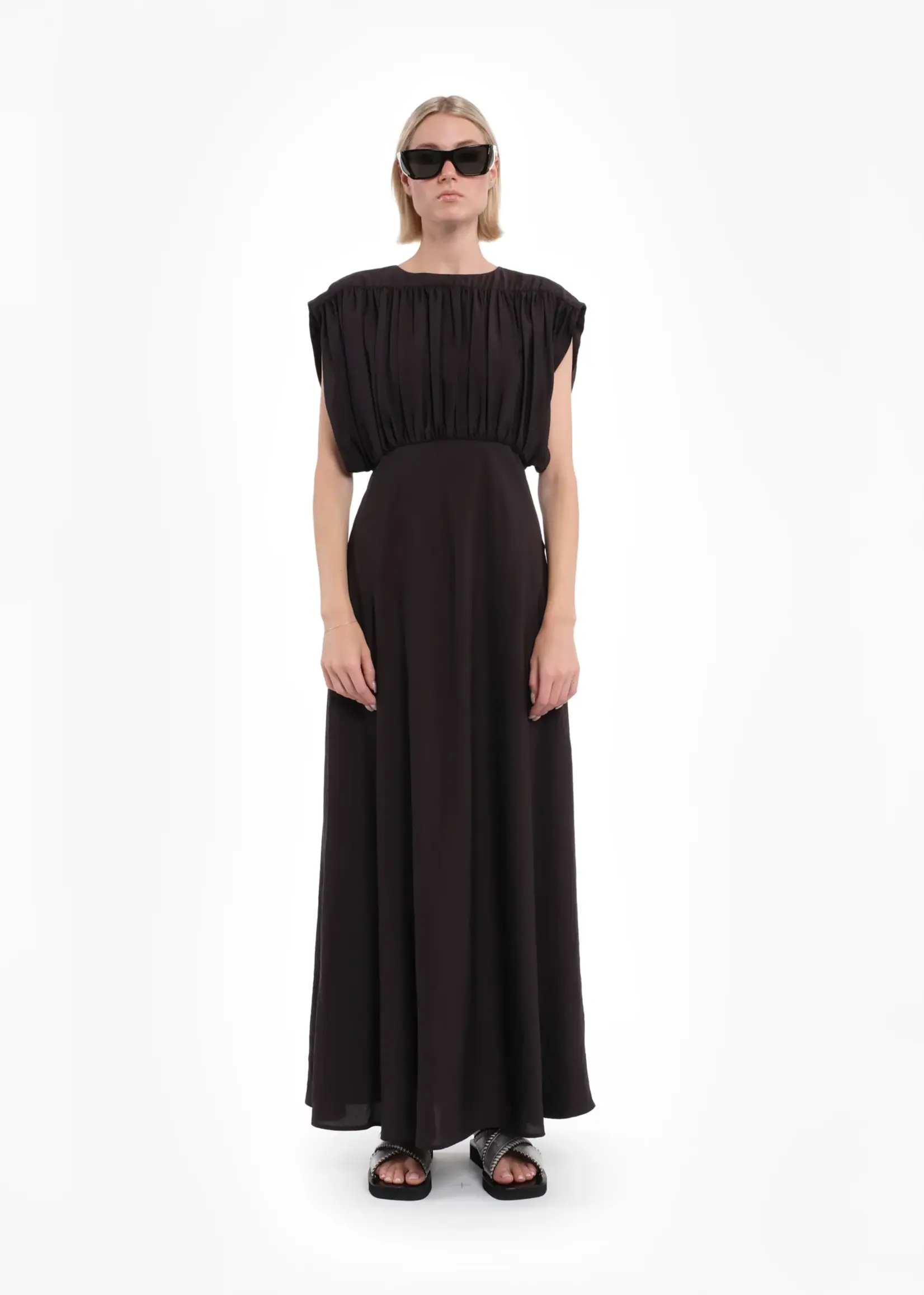 Tela Vega Coffee-Colored Tencel Sleeveless Maxi Dress With Ruched Top