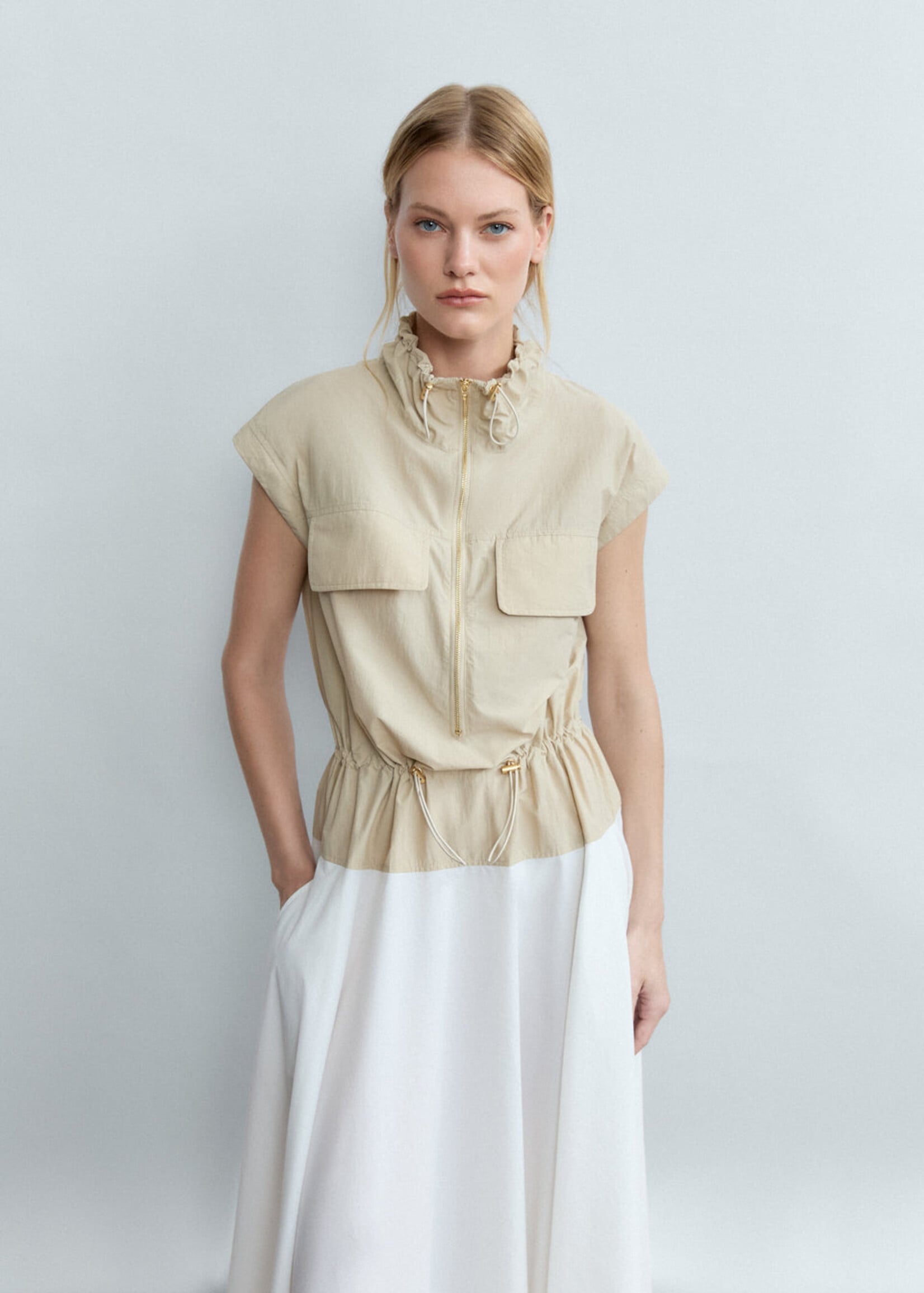 Bi-Color Sleeveless Dress w Adjustable Funnel Neck