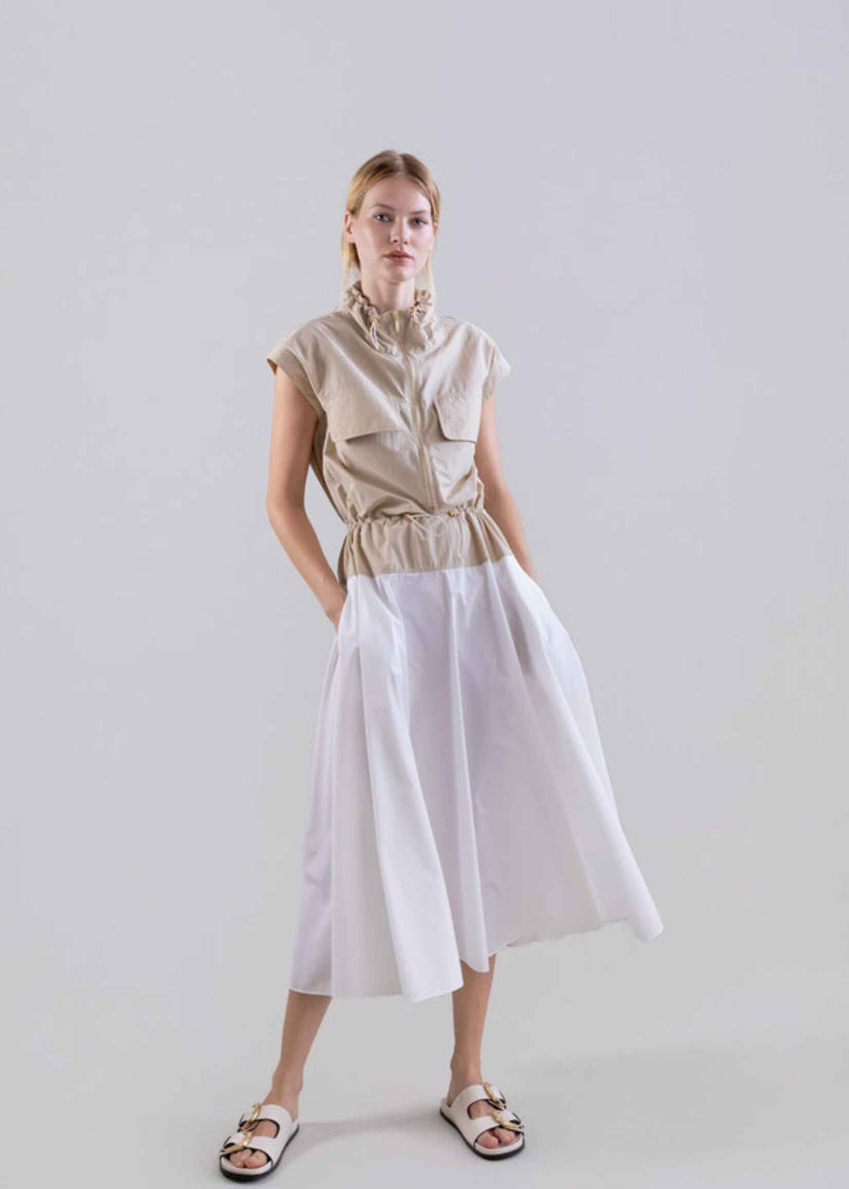 Bi-Color Sleeveless Dress w Adjustable Funnel Neck