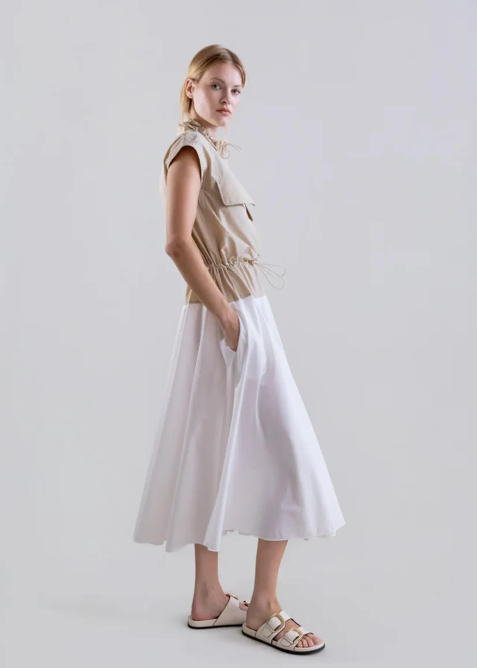 Bi-Color Sleeveless Dress w Adjustable Funnel Neck