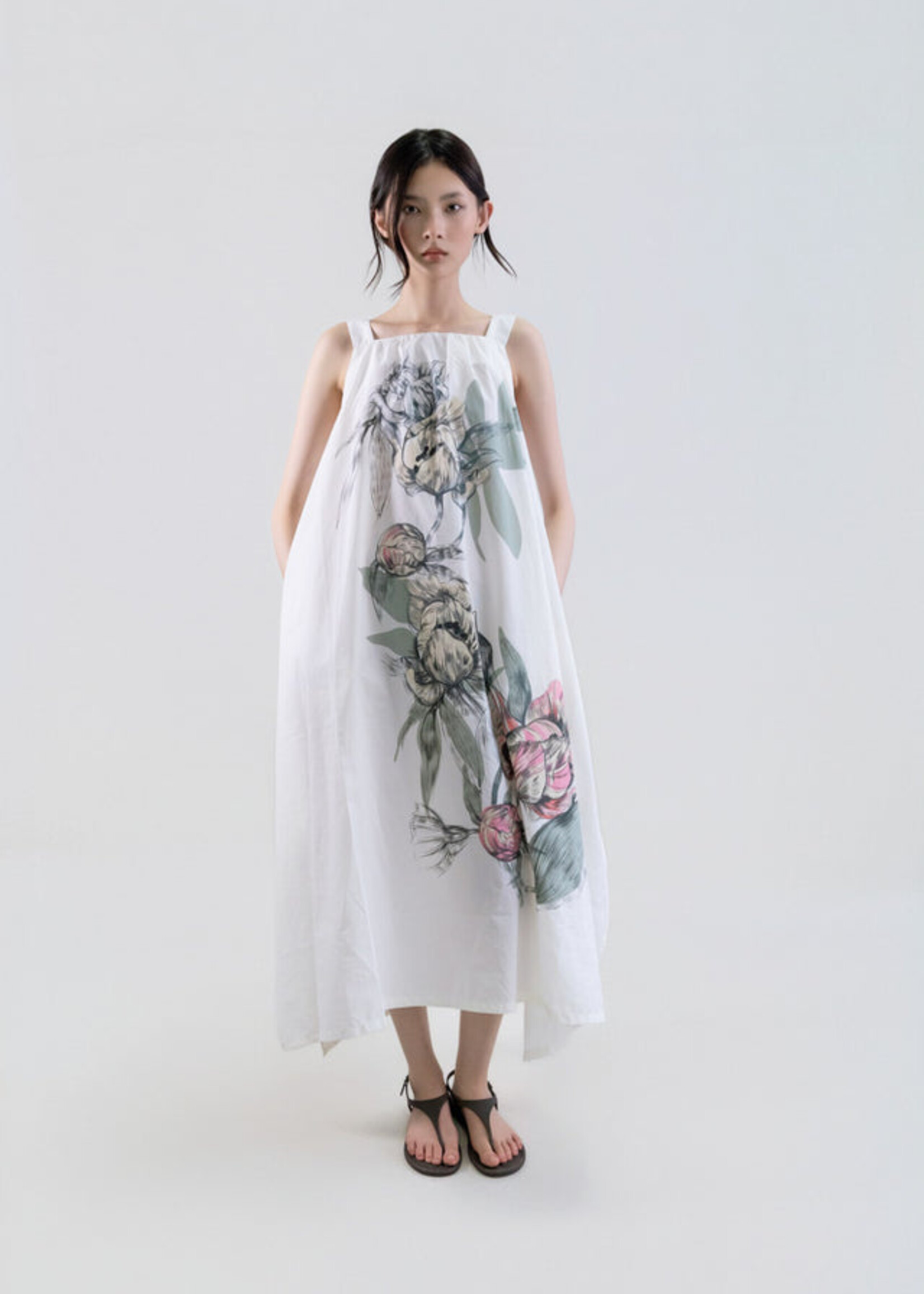 Muted Peony Study Handkerchief Hem Fluid Dress