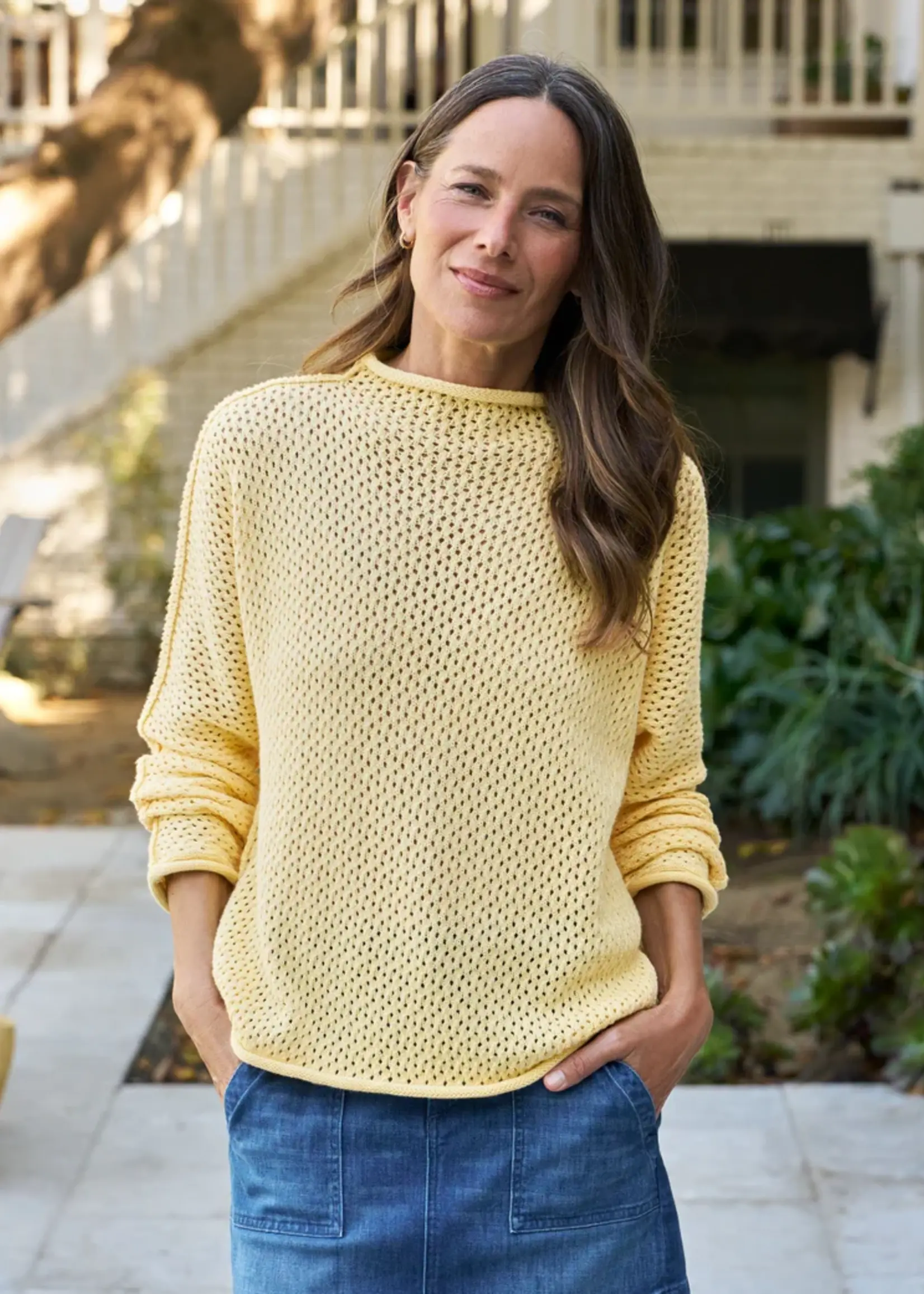 Frank & Eileen Monterey Pointelle Rolled Funnel Neck Sweater- Lemon LEMK