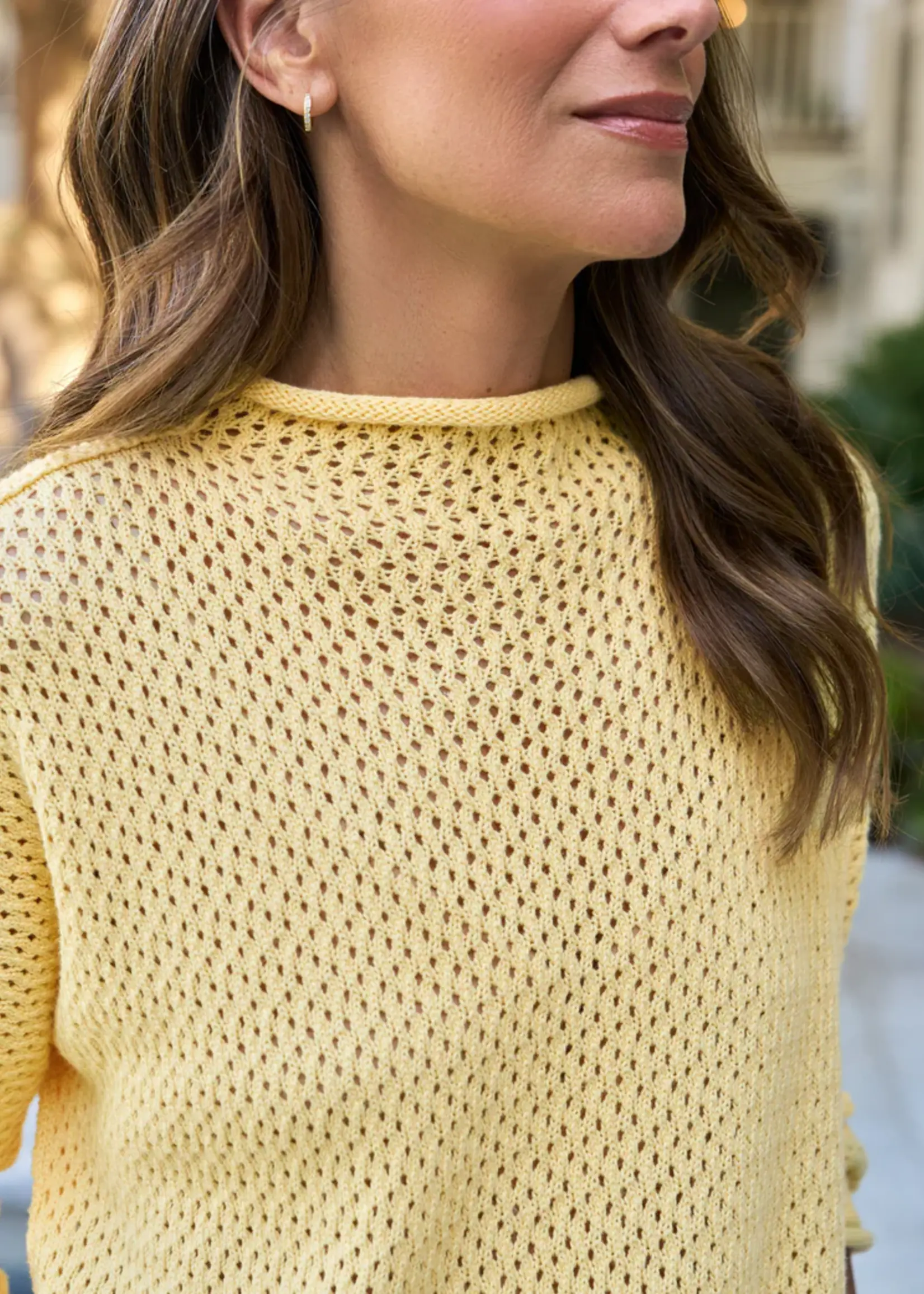 Frank & Eileen Monterey Pointelle Rolled Funnel Neck Sweater- Lemon LEMK