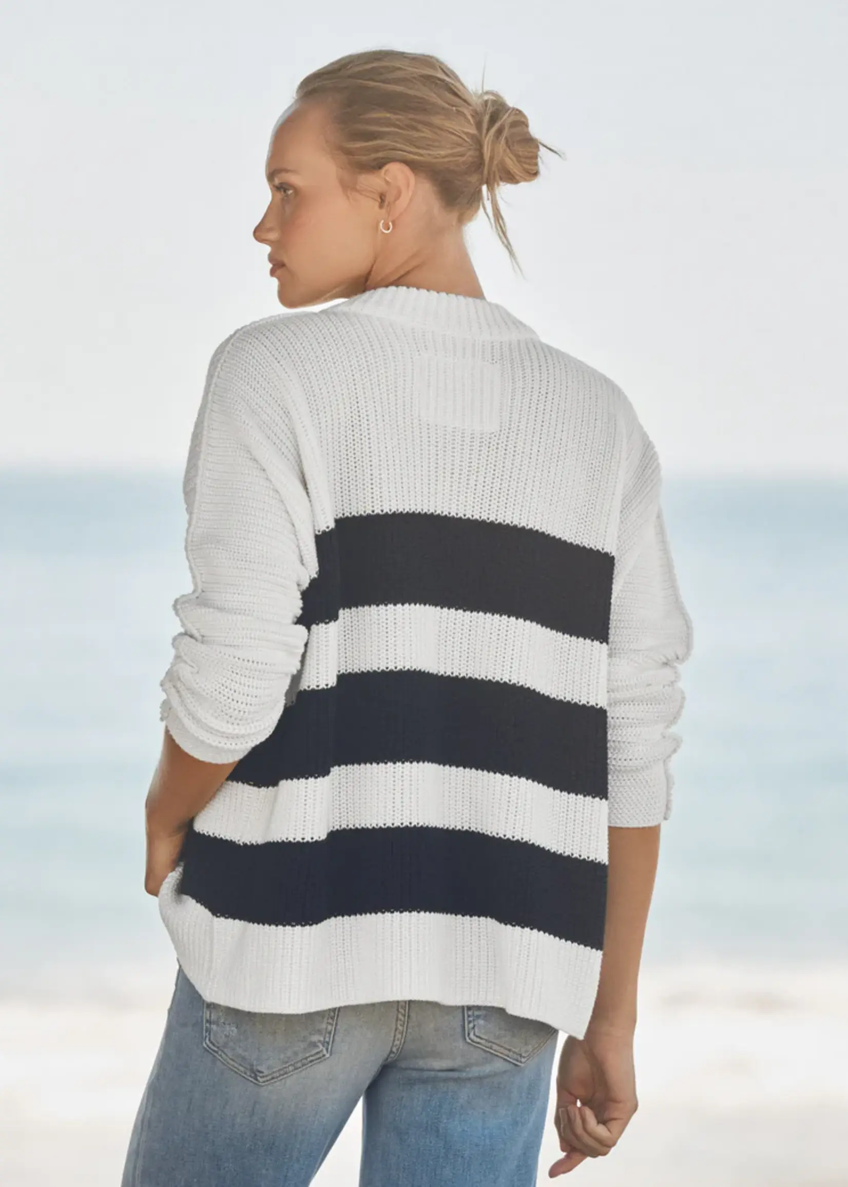 Frank & Eileen Montecito Cotton Cardigan- White & Navy Stripe WNSK