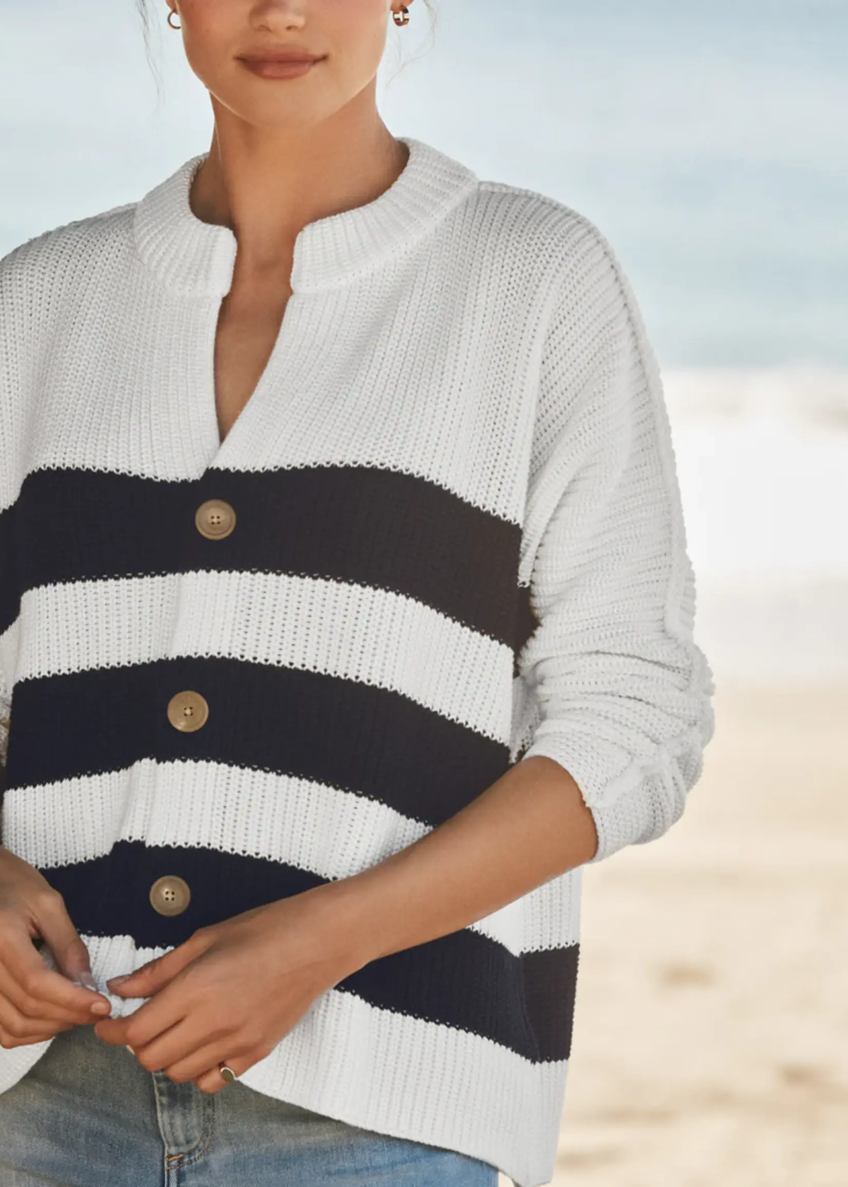 Frank & Eileen Montecito Cotton Cardigan- White & Navy Stripe WNSK