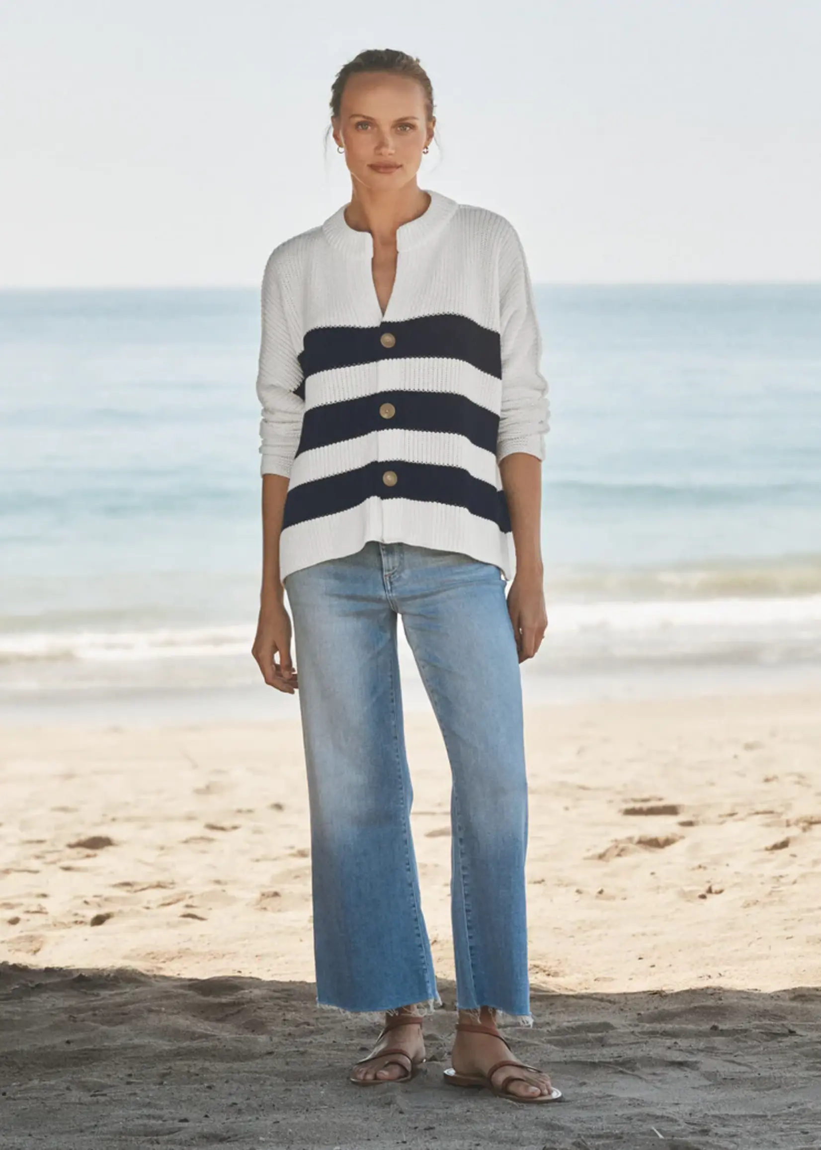 Frank & Eileen Montecito Cotton Cardigan- White & Navy Stripe WNSK