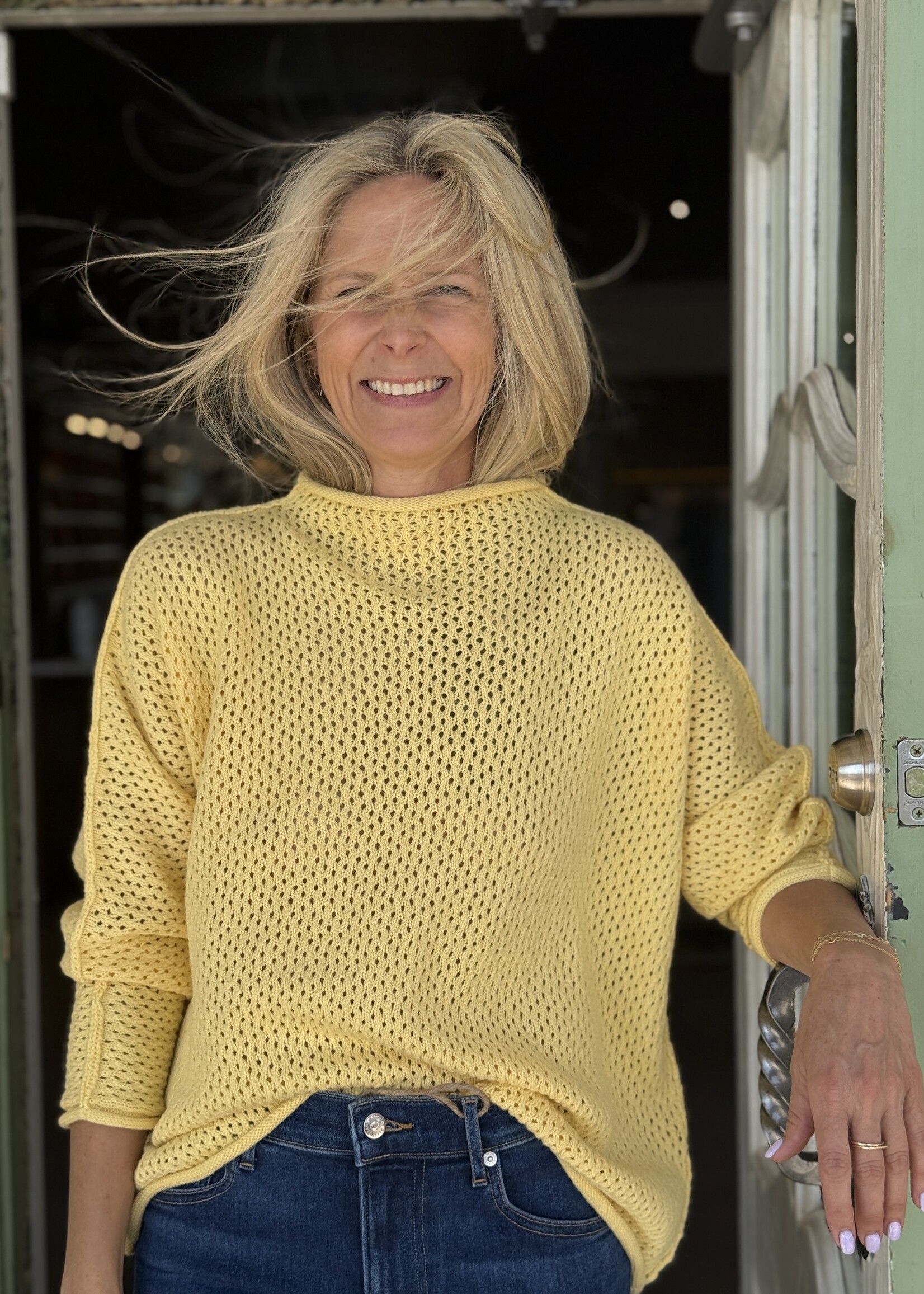 Frank & Eileen Monterey Pointelle Rolled Funnel Neck Sweater- Lemon LEMK