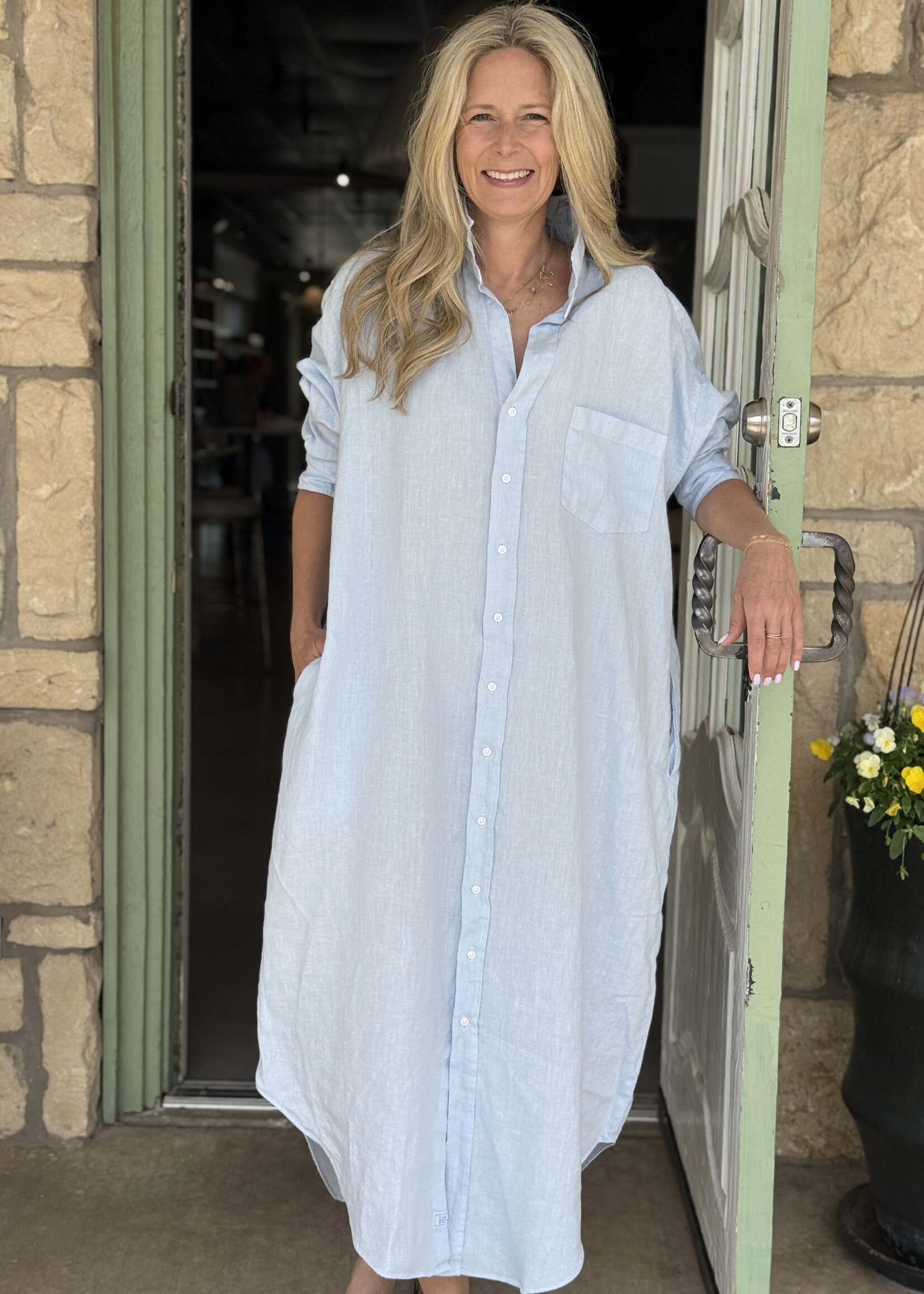 Frank & Eileen Megan One-Size Maxi Shirtdress- French Blue Linen BULN