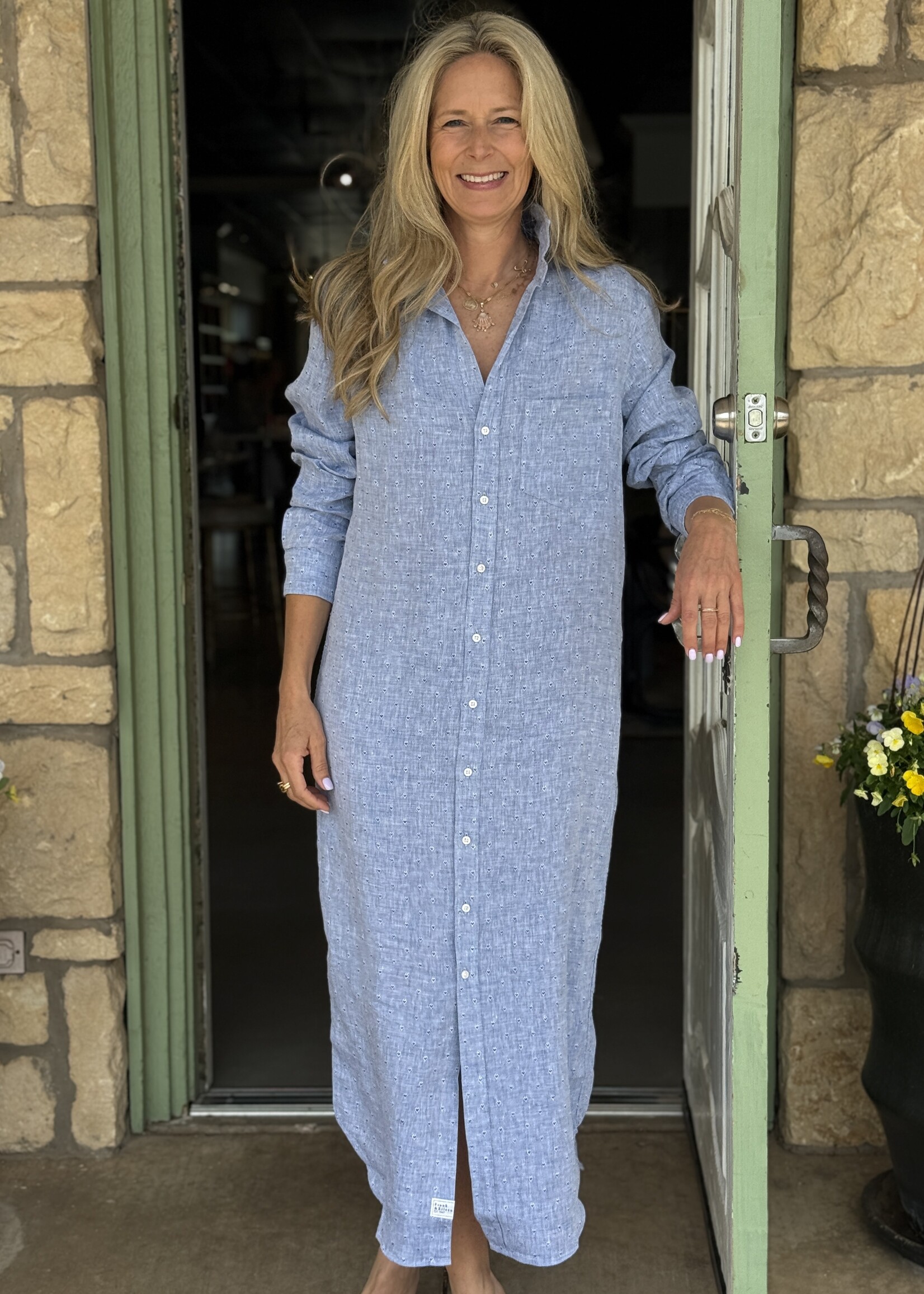 Frank & Eileen Rory Maxi Shirtdress- Blue Linen Hearts BLHR