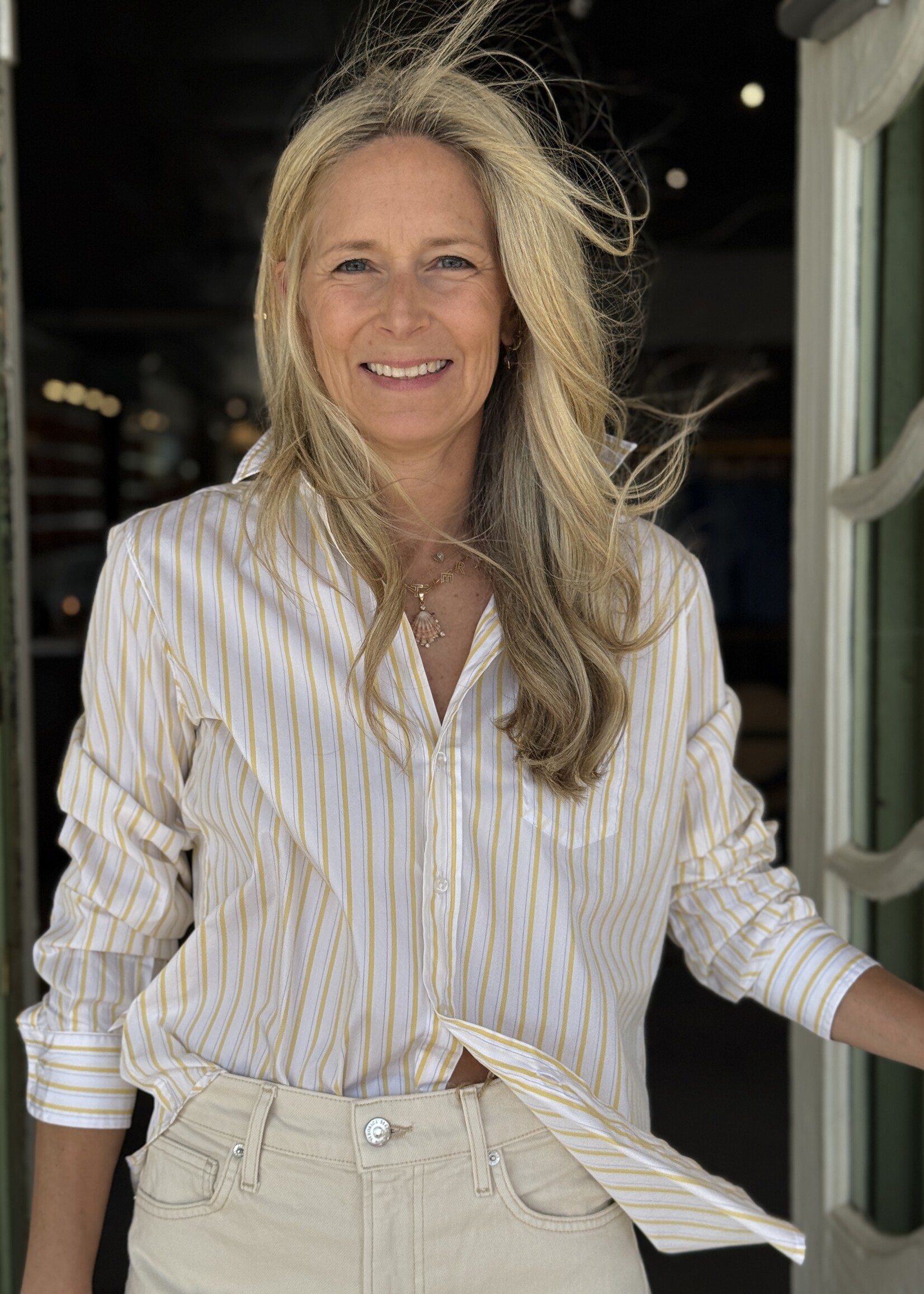 Frank & Eileen Eileen Relaxed Button-Up- Yellow Thin Navy Stripe YTNS