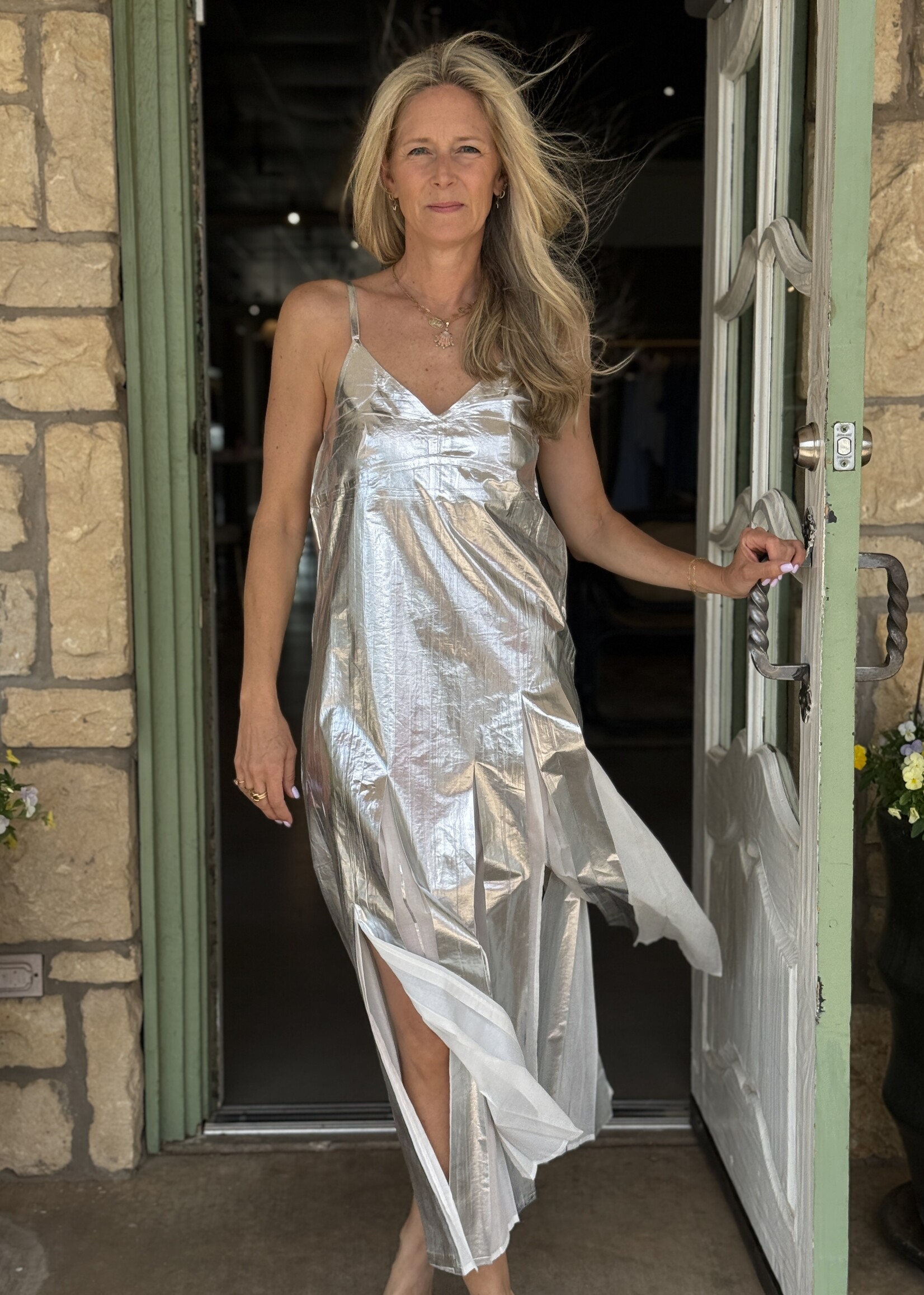 Tela Yuki Sleeveless Maxi Dress in Silver Laminated Muslin