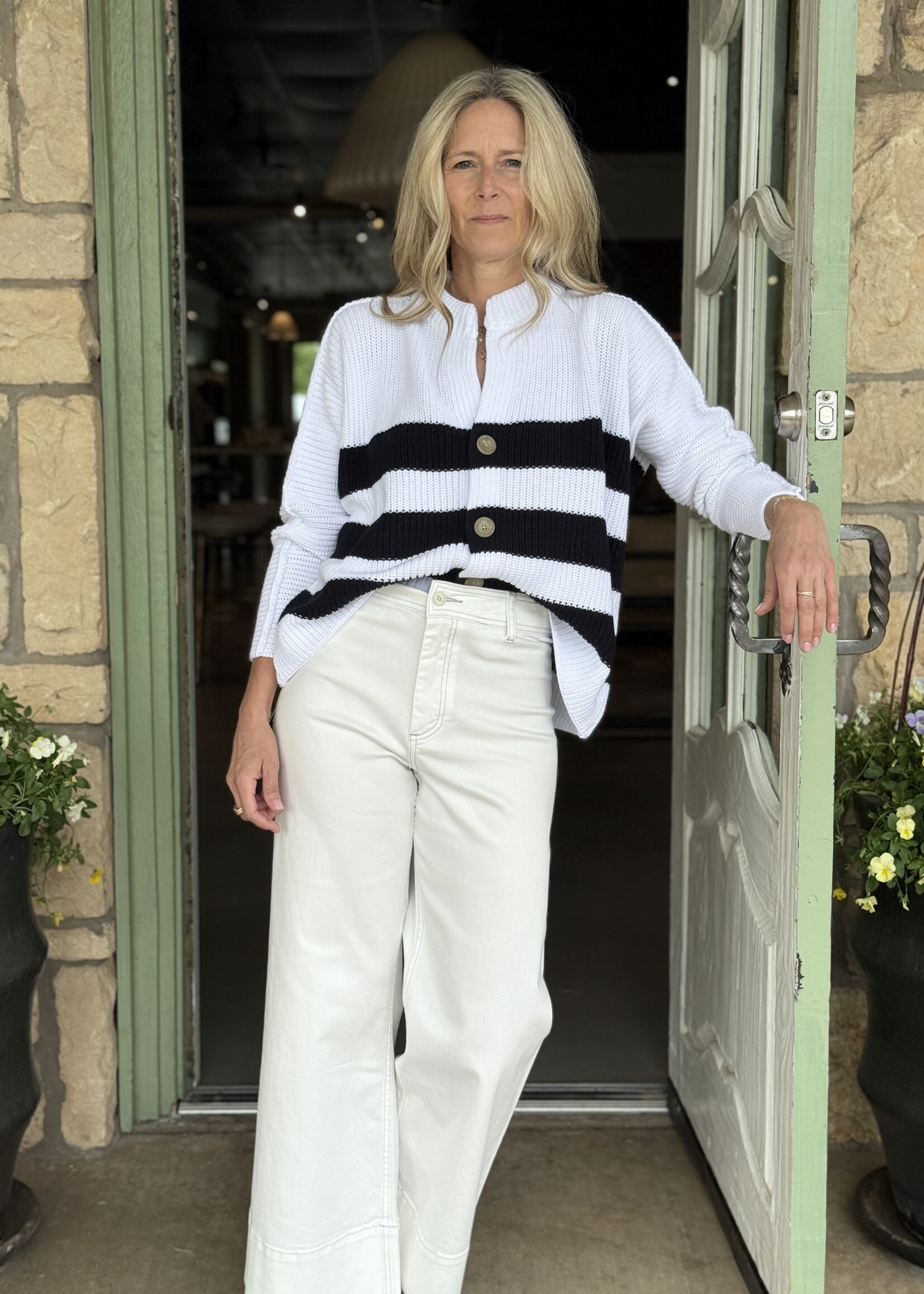 Frank & Eileen Montecito Cotton Cardigan- White & Navy Stripe WNSK