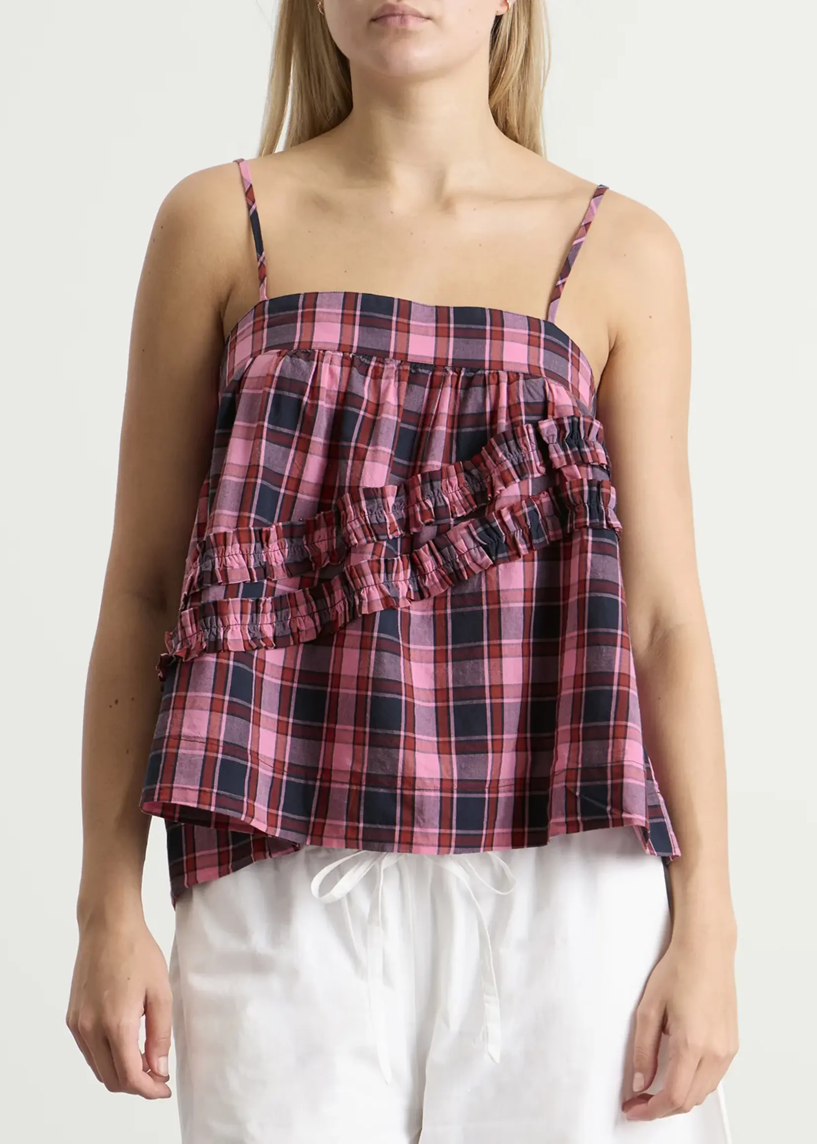 Nyra Ruffle Cami - Magenta Check