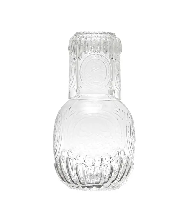 Embossed Glass Carafe w/ 8 oz. Embossed Drinking Glass - Set of 2