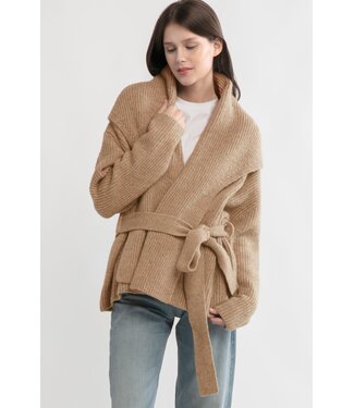 Shawl Collar Belt Cardigan - Camel