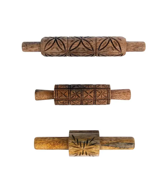 Hand-Carved Mango Wood Rolling Pins w/ Pattern, Set of 3