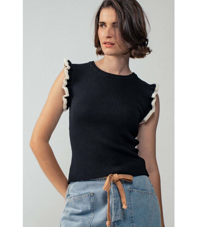 Ruffle Trim Ribbed Knit Sleeveless Boho Top