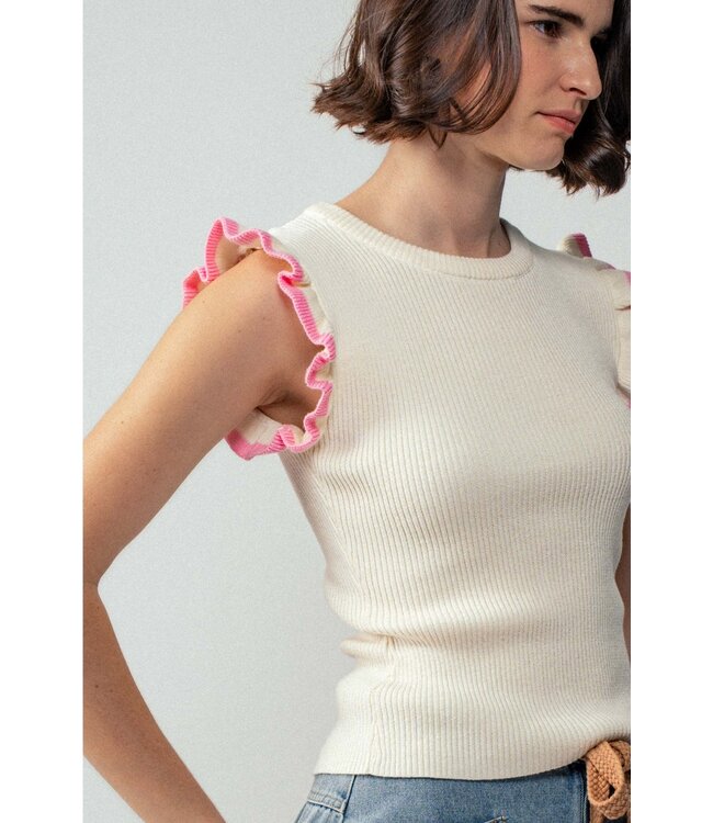 Ruffle Trim Ribbed Knit Sleeveless Boho Top