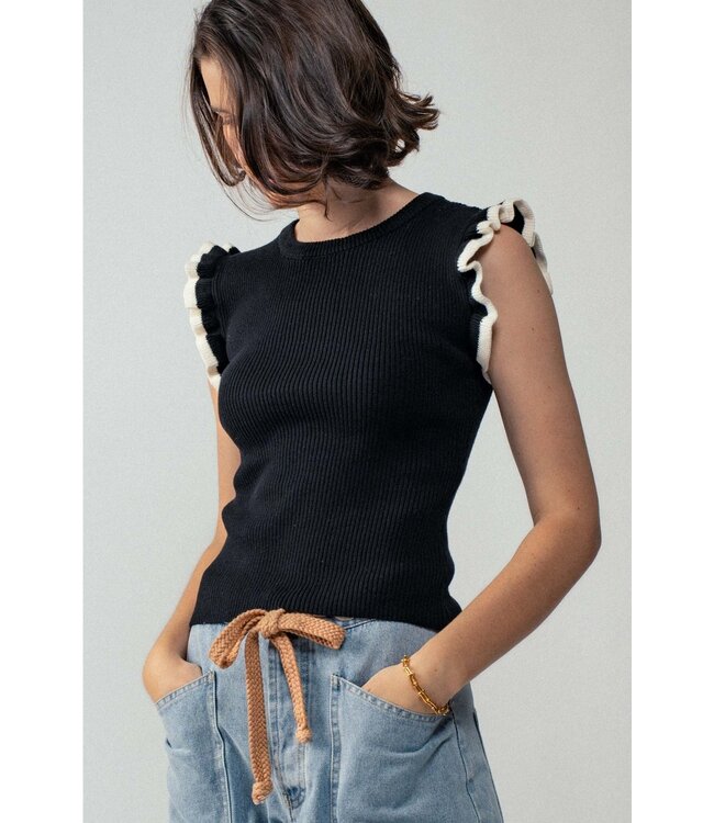 Ruffle Trim Ribbed Knit Sleeveless Boho Top