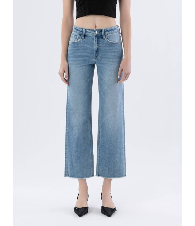 High Rise Clean Cut Raw Hem Ankle Slim Wide Jeans