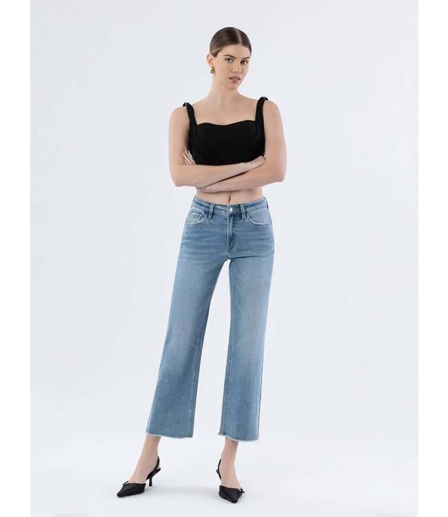 High Rise Clean Cut Raw Hem Ankle Slim Wide Jeans