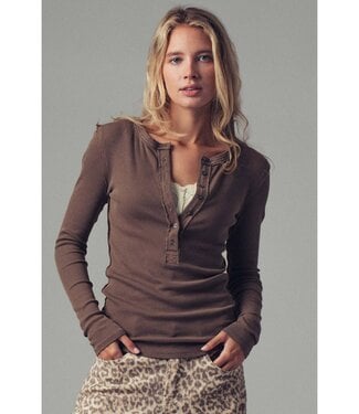Ribbed Henley Long Sleeve Top