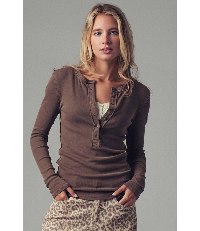 Ribbed Henley Long Sleeve Top