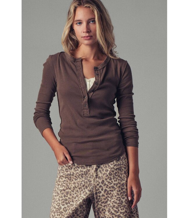 Ribbed Henley Long Sleeve Top