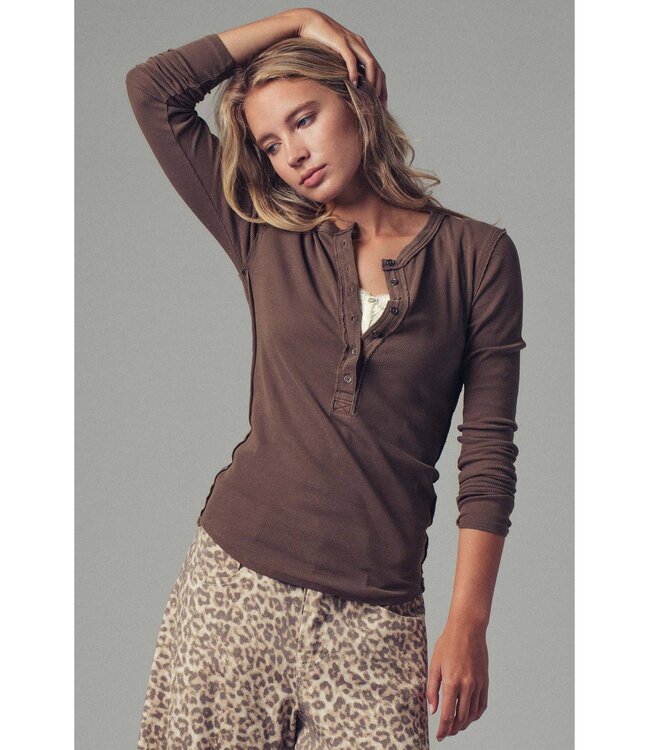 Ribbed Henley Long Sleeve Top