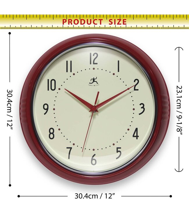 Retro Round Red Indoor Wall Clock - 12 Inch