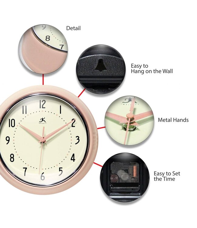 Retro Round Pink Indoor Wall Clock - 9.5 Inch
