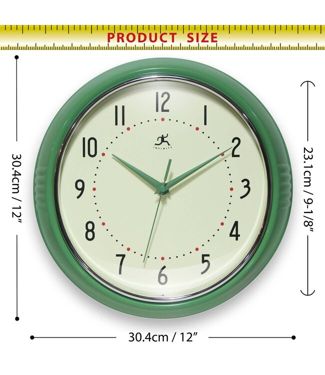 Retro Round Green Indoor Wall Clock - 12 Inch