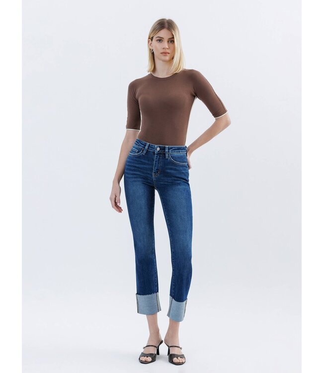 High Rise Cuffed Slim Straight Jeans