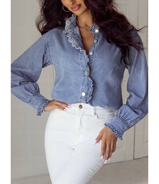 Beau Blue Ruffled Long Sleeve Buttoned Denim Shirt
