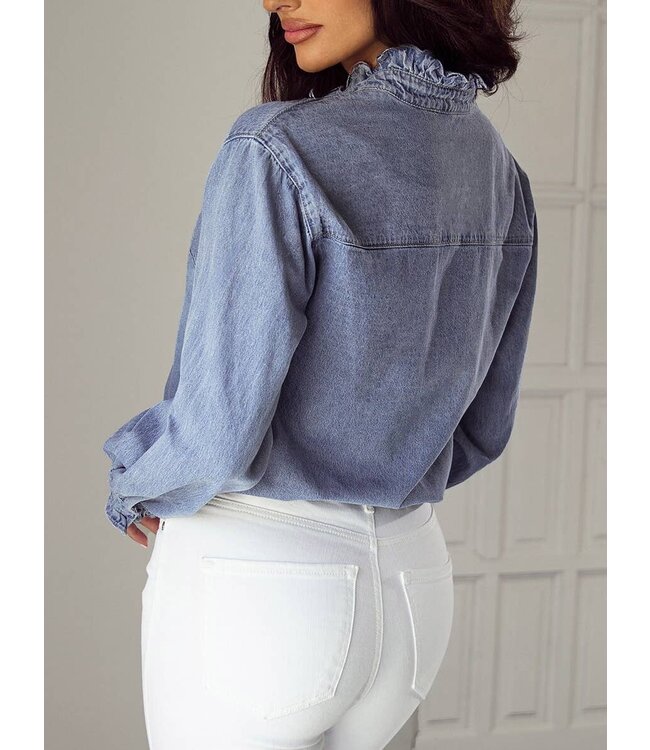 Beau Blue Ruffled Long Sleeve Buttoned Denim Shirt