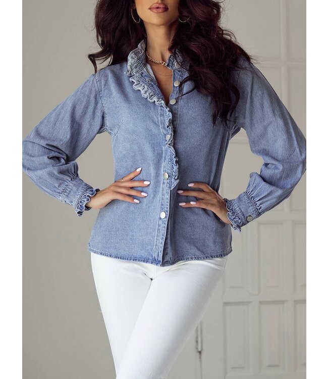 Beau Blue Ruffled Long Sleeve Buttoned Denim Shirt