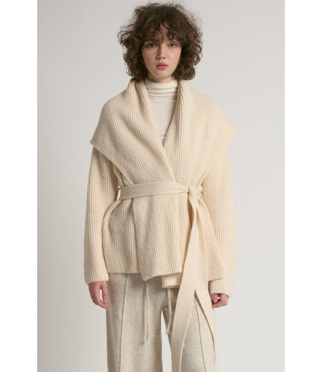 Common Knit Shawl Collar Belt Cardigan - Ivory
