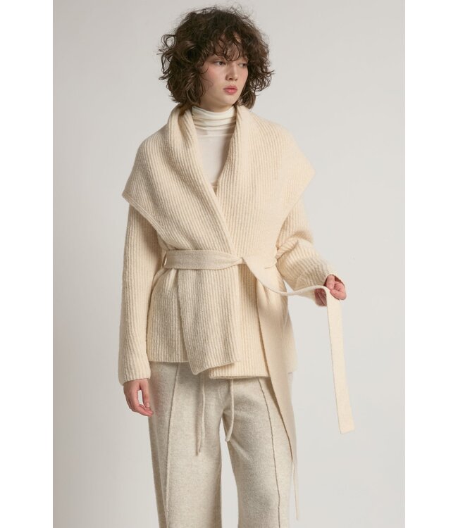Common Knit Shawl Collar Belt Cardigan - Ivory