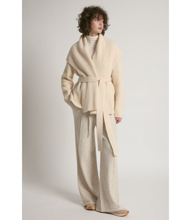 Common Knit Shawl Collar Belt Cardigan - Ivory