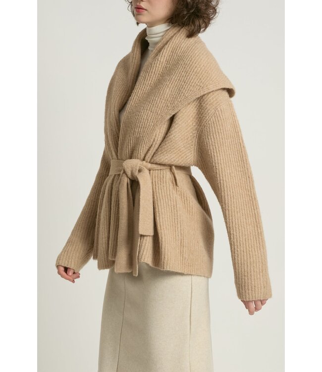 Common Knit Shawl Collar Belt Cardigan - Sand
