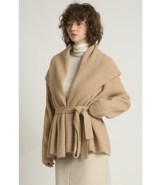 Common Knit Shawl Collar Belt Cardigan - Sand