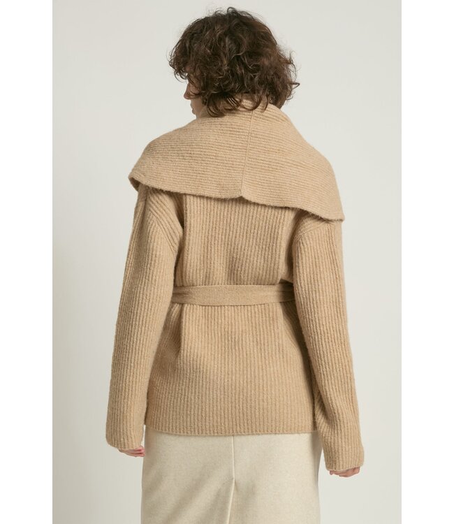 Common Knit Shawl Collar Belt Cardigan - Sand