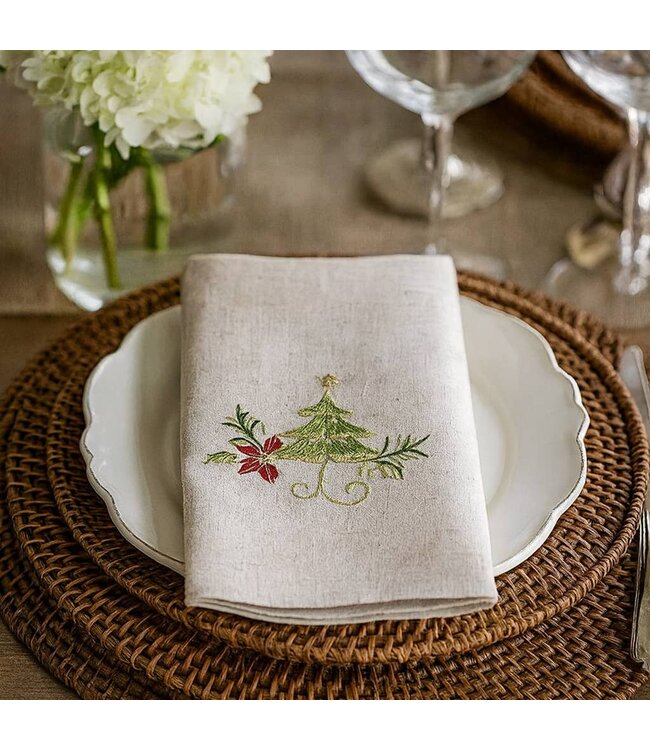 Embroidered Holiday Design Linen Blend 20" Dinner Napkin