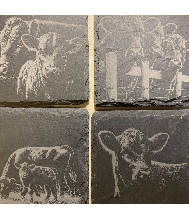 Cow Engraved Slate Coasters, S/4