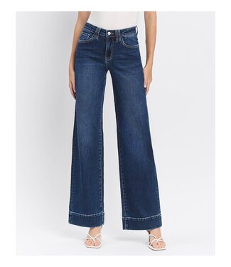 High Rise Dark Wash Trouser Hem Wide Jeans
