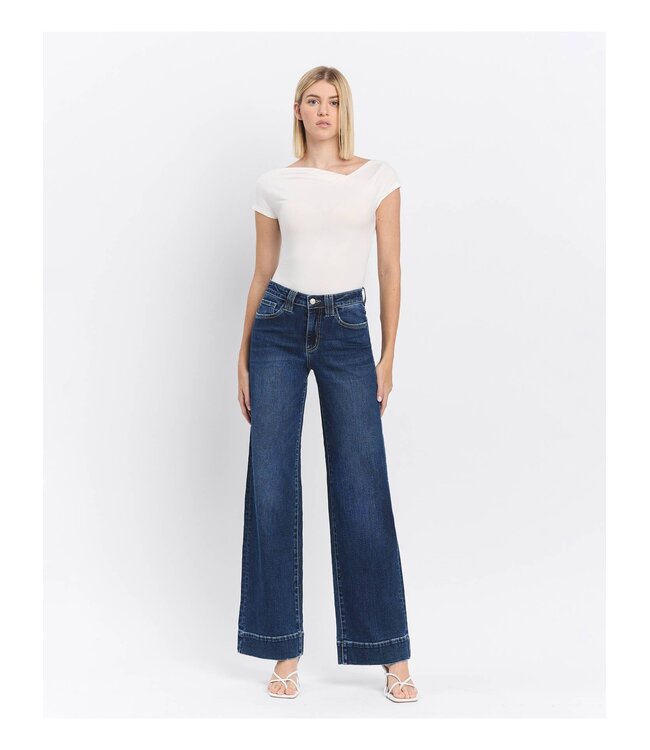 High Rise Dark Wash Trouser Hem Wide Jeans