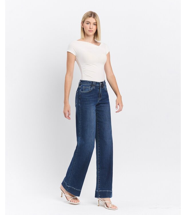 High Rise Dark Wash Trouser Hem Wide Jeans