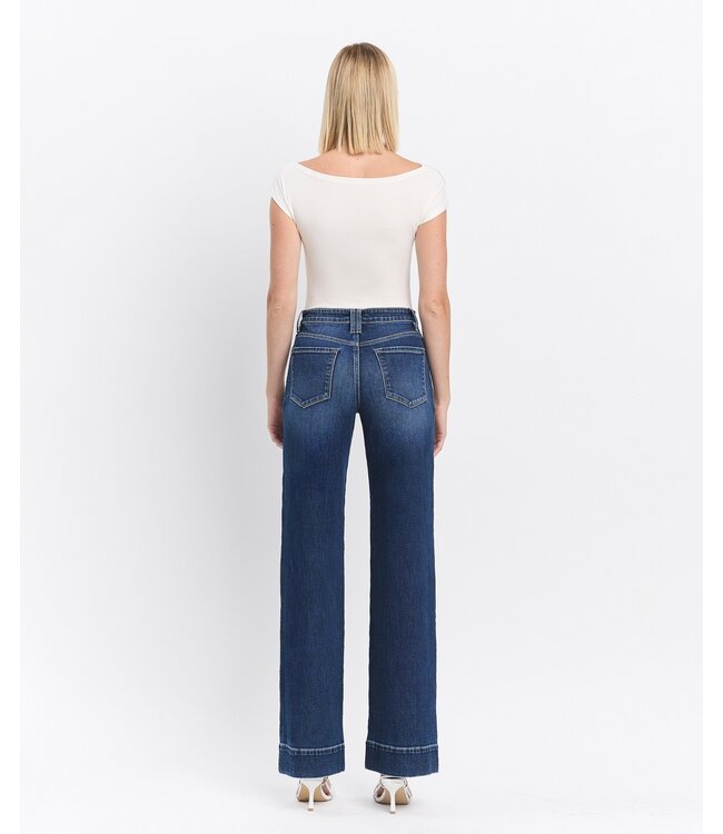 High Rise Dark Wash Trouser Hem Wide Jeans